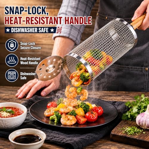 Rolling Grill Basket 2-Pack 304 Stainless Steel Net with Handle - Image 2