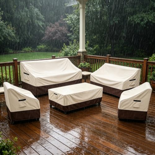 Rileytee Outdoor Patio Furniture Cover Set,5 Pcs 600D Heavy Duty 100% Waterproof Outdoor Furniture Covers, Fit 3-Seater Sofa,Patio Loveseat, Chair and Coffee Table (Beige & Brown) - Image 7