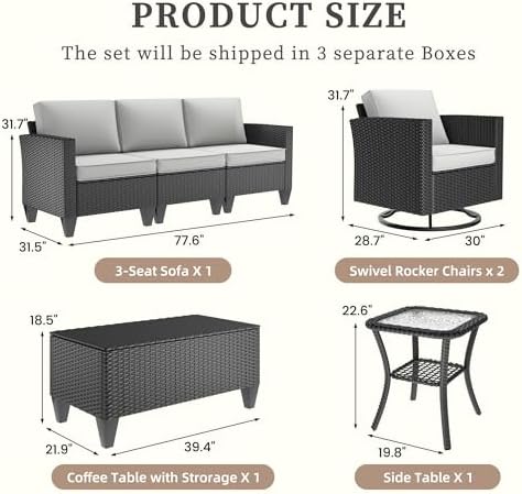 UDPATIO Patio Furniture Set, 5 Pieces Outdoor Conversation Sets with Rocking Swivel Chairs, Wicker Rattan Outdoor Sofa Set with Storage Table and Waterproof Covers for Backyard, Deck, Light Grey - Image 2