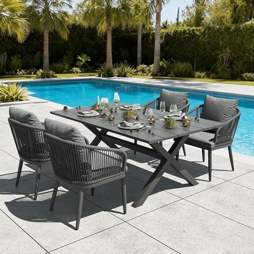 LayinSun 5 Pieces Outdoor Patio Dining Set, Aluminium Rectangular Dining Table and Wicker Rattan Chairs Set for Outside Backyard, Poolside by LayinSun