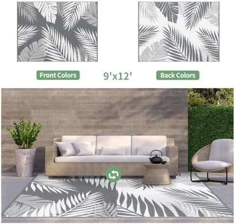 GENIMO Outdoor Rug, Waterproof Plastic Rugs for Patio, 9'x12' Grey White - Image 2