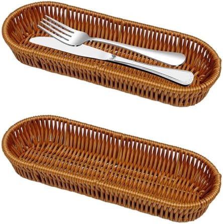 Silverware Organizer Basket, Outdoor Dining Cutlery Baskets, Small Wicker Bread Cracker Baskets 2 Pack, Stackable Wicker Storage Baskets for Spoons Forks Knives Stationery (Oval) by Unknown