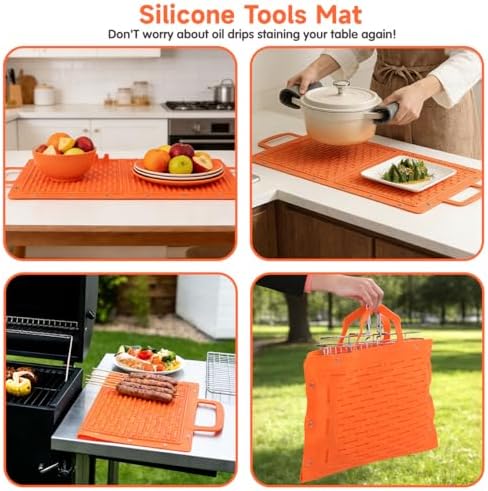 LIONROGE Large Silicone Grill Mat, Foldable Silicone Griddle Tools Spatula Mat with Drip Pad & Handle & Snap Buttons, Portable BBQ Side Shelf Mats Grill Pad for Blackstone Griddles Accessories,Orange - Image 7