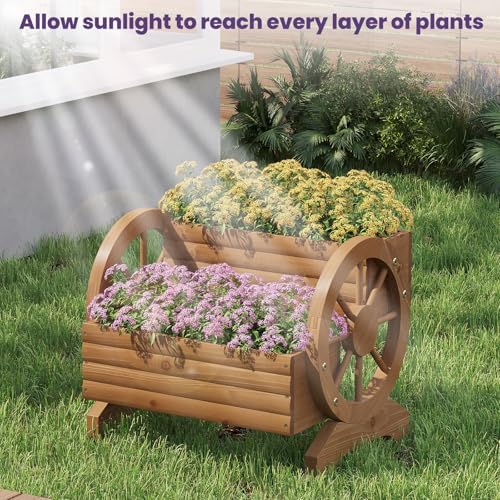 Wooden Wagon Planter Box, Standing Garden Planter, Decorative Outdoor Container,Coffee - Image 3