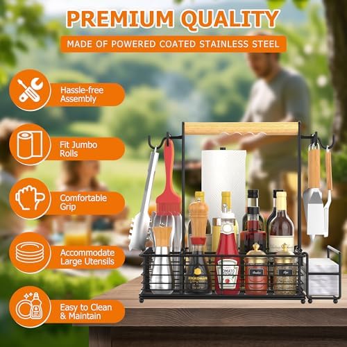 Toncoke Large Grill Caddy with Paper Towel Holder & Side Hooks, All-in-One BBQ Tool Organizer with Adjustable Dividers, Rustproof for Outdoor Kitchen, Camping, RV - Black - Image 3