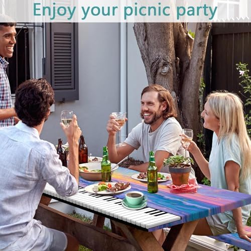 Piano Keyboard Picnic Table Cover with Bench Covers, Camping Essentials, Beach Seaside Sunset Purple Waterproof Windproof, Fitted Tablecloth Cover with Elastic Edge for Outdoor Garden 3 PCS 30x96 Inch - Image 2