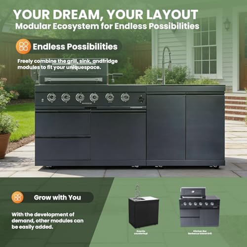 79" Rolling Outdoor Kitchen Island with Built-In 4-Burner 72,000 BTU Stainless Steel Propane Grill & Rotisserie Oven, Featuring Granite Countertops and Stainless Steel Sink.(Black + Sink, Propane Gas) - Image 5