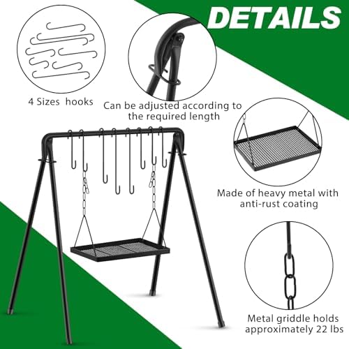 Rossesay Grill Swing Campfire Stand Campfire Cooking Equipment Adjustable Camping Accessories Cookware Hanging Rack with 8 Hooks and Portable Grill Stand for BBQ Picnic Outdoor Party - Image 3