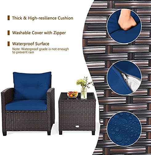RELAX4LIFE 3 Piece Patio Furniture Set, Wicker Bistro Conversation Set w/ 2 Cushioned Armchairs & Glass Topped Table, Outdoor Rattan Sofa Set Patio Furniture for Porch Balcony Poolside (Navy Blue) - Image 4