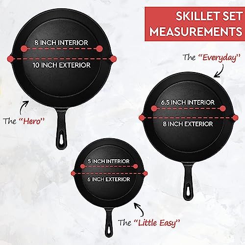Cast Iron Skillet 3-Piece Set - Heavy-Duty Professional Restaurant Chef Quality Pre-Seasoned Pan Cookware Set - 10", 8", 6.2" - Frying, Saute, Cooking, Pizza & More, Charcoal Grey - Image 2