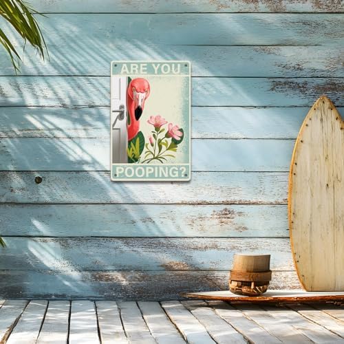 BEASTZHENG Metal Tin Sign Vintage Flamingo Metal Sign, Funny Bathroom Wall Art with "Are You Pooping?" 8x12 Inches Quote, Unique Tropical Farmhouse Decor for Flamingo Lovers - Image 4