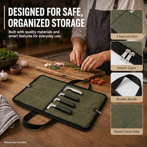 4 Slots Chefs Knife Roll Bag Zipper Waxed Canvas Case Army Green - Image 3