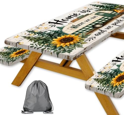 Picnic Table Cover with Bench Covers Camping Essentials Green Checkered RV Forest Sunflower Wooden Outdoor Table Covers with Elastic Waterproof Camping Tablecloth for Indoor & Outdoor 3 PCS 30x60 Inch by Xguatan
