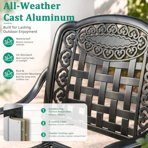VIVIJASON 5-Piece Patio Furniture Dining Set, All-Weather Cast Aluminum Outdoor Conversation Set, Include 4 Cushioned Chairs and 1 Round Table w/Umbrella Hole for Balcony, Lawn, Backyard, Red Cushion - Image 5