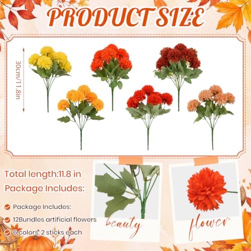 XunYee 12 Pcs Fall Artificial Flowers for Outdoor,Assorted Faux Mums - Image 2