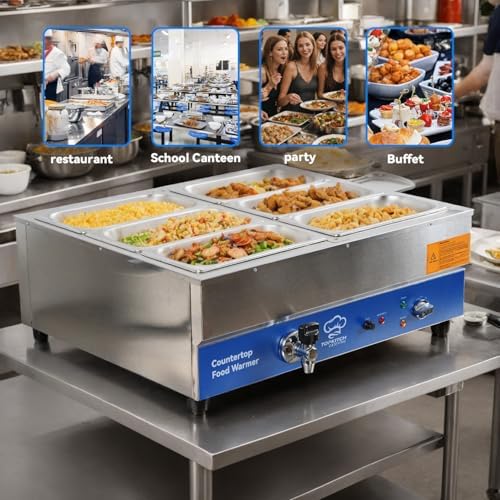 TOPKITCH ETL Listed 6 Pan Commercial Food Warmer, Electric Bain Marie Countertop Stainless Steel Buffet Steam Table for Catering and Restaurants(6×1/3 GN Pan,120V/1700W) - Image 2