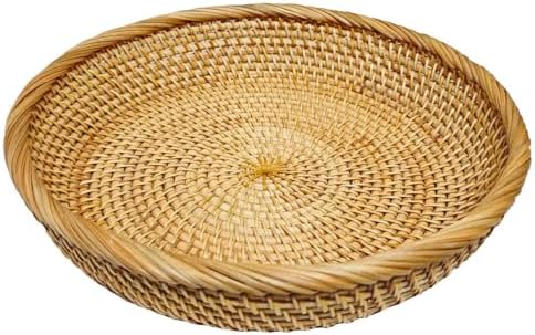 RT&BS Round Rattan Bread Basket, Rattan Fruit Basket, Rattan Decorative Tray, Rattan Keys Tray, Handwoven Storage Baskets for Kitchen, Dining Room, Store, Restaurant, Bathroom (L) by RT%26BS