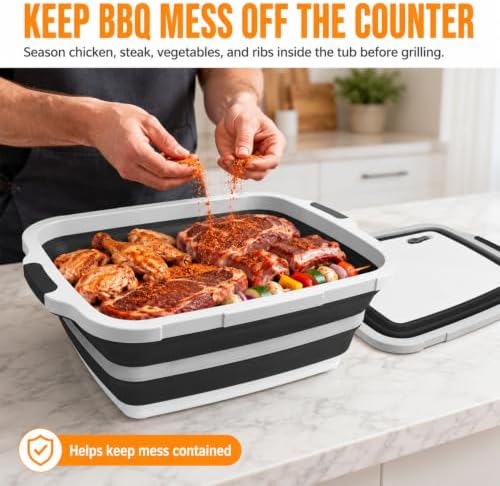 BBQ Prep Tub, 16L Black Collapsible Sink with Cutting Board Lid - Image 2
