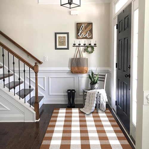 Homydecor Buffalo Plaid Outdoor Rugs, 4'x6' Coffe and White Checkered Area Rug, Layering Rug for Hello/Welcome Door Mat, Washable Cotton Woven Farmhouse Mat for Front Porch Décor - Image 2