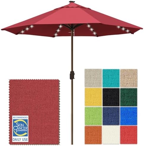 EliteShade USA 10-Year-Non-Fading 10ft Market Patio Umbrella, Commercial Grade Table Sun Umbrella with 80 Solar LED Lights, Crank Open, Windproof & UPF 50+ UV Protection for Garden, Deck, Pool, Backyard, No Tilt, Burgundy by EliteShade