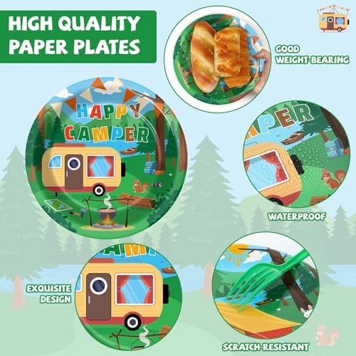 OBUSATT 100PCS Happy Camper Adventure Party Decorations Tableware Set - Disposable Plates, Napkins for Camping Theme Birthday - Serves 25 Guests - Image 3