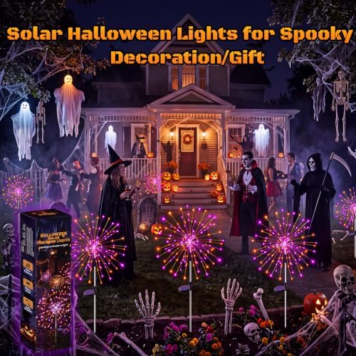btfarm 4 Pack Solar Halloween Lights Outdoor, Orange Purple Firework Light - Image 4