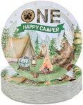 50Pcs Camping One Paper Plates Camper Themed 9" Dessert Plates Disposable One Happy Birthday Camper Theme Party Decorations for Boys Adventure Camping Theme Party 1st Birthday Party Supplies by Greencian