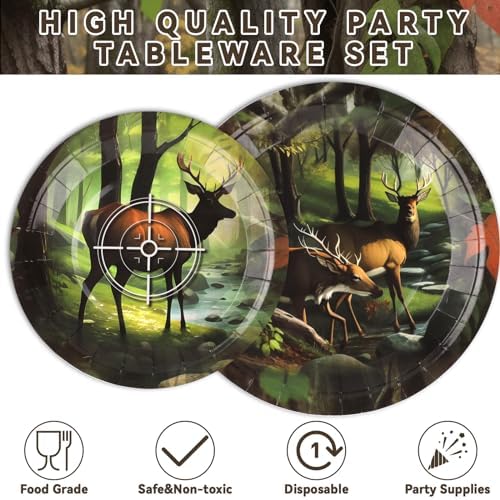 Hunting Camo Party Plates Napkins Deer Hunting Dinnerware Hunter Camo Themed Birthday Party Tableware Set Disposable Forks Dessert Supplies for Outdoor Tournament Events Family Picnic Decors Serves 24 - Image 3