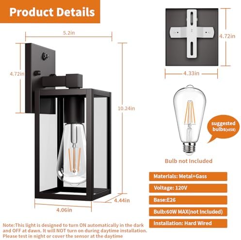2 Pack Dusk to Dawn Exterior Lighting Fixtures Wall Mount, Sensor Outside Front Porch Lights for House, Outdoor Lantern Lamp, Waterproof Wall Sconce Lights, Black Coach Light for Garage Entryway - Image 6