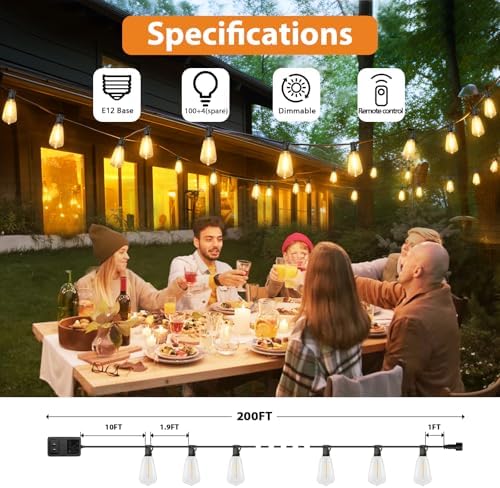 Brightever 200FT Outdoor String Lights with Remote, 2700K/4000K/5000K Selectable LED String Lights for Outside with 100+4 ST38 Edison Bulbs, 3 Modes Dimmable Patio Lights Waterproof for Camping, Deck - Image 2
