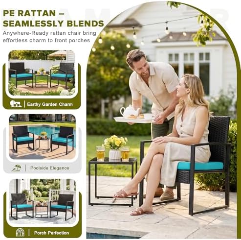 Flamaker 3 Pieces Patio Furniture Set Outdoor Wicker Bistro Chair (Blue) - Image 3