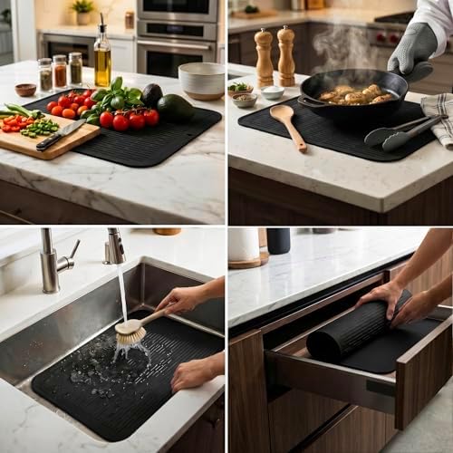 MicoYang Silicone Dish Drying Mat for Multiple Usage,Easy clean,Eco-friendly,Heat-resistant Silicone Mat for Kitchen Counter or Sink,Refrigerator or Drawer Liner Black 2XL 24 inches x 18 inches - Image 3