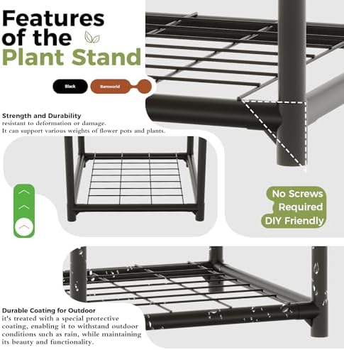 Bamworld Black Plant Stand Outdoor Metal Plant Shelf for Multiple Plants - Image 3