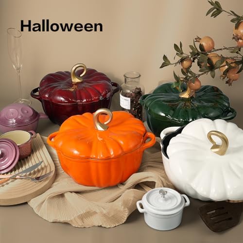 Flavehc Pumpkin Cast Iron Dutch Oven, 3.3 Qt, White, Enameled, with Lid - Image 6
