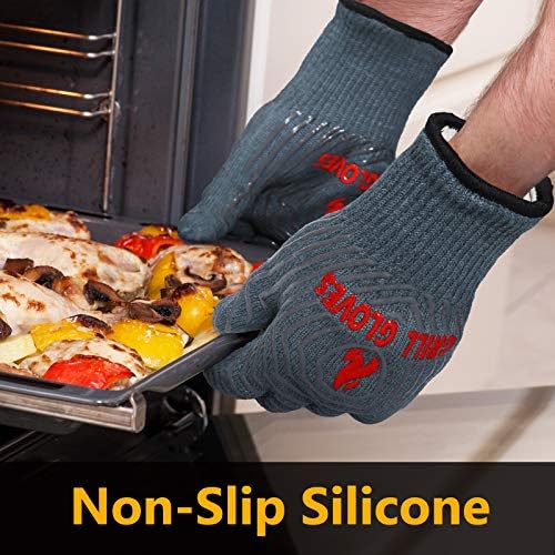 QUWIN BBQ Gloves, Oven Gloves 1472℉ Extreme Heat Resistant, Grilling Gloves Silicone Non-Slip Oven Mitts, Kitchen Gloves for BBQ, Grilling, Cooking, Baking-1 Pair… (Grey, One Size Fits Most) - Image 3