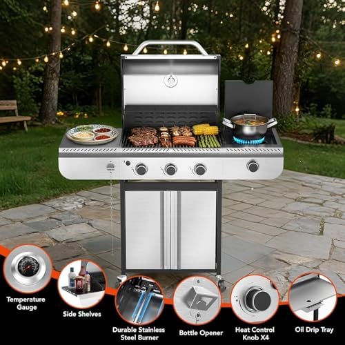R.W.FLAME 3-Burner Gas Grill with Side Burner, 34,000 BTU, Stainless BBQ - Image 3