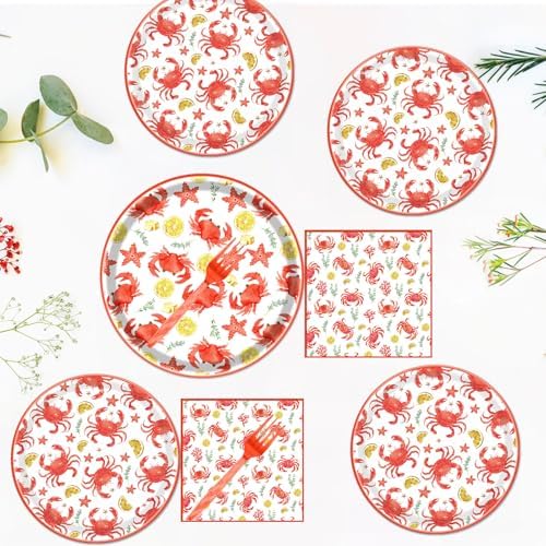 Gameza Crab Boil Party Tableware Supplies, 96PCS Seafood Crab Paper Plate Napkin Fork Party Decorations, Summer Disposable Dinnerware Set Serves 24 - Image 6