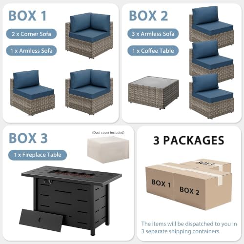 Shintenchi 8 Piece Outdoor Patio Furniture Set with 43 Inch Propane Fire Pit, Washable Cushions, Glass Coffee Table, Waterproof Cover & CSA Certified for Backyard Poolside, Natural PE Rattan/Navy Blue - Image 7