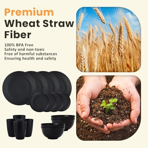 Homienly 16-Piece Wheat Straw Dinnerware Sets, Reusable Unbreakable Plates and Bowls Sets,Cups,Service for 4, Premium Dishwasher and Microwave Safe Dish Sets for Kitchen,Outdoor - Black - Image 3