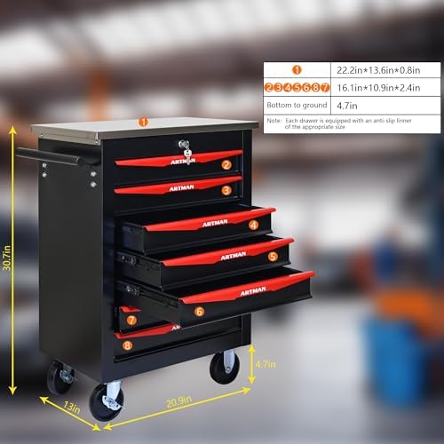 7-Drawer Heavy-Duty Rolling Steel Tool Cart with Handle&Wheels, Metal Storage Organizer Cabinet, Tool Chest for Efficient Tool Storage in Garage, Warehouse, Workshop, Repair Shop, Black&RED - Image 6