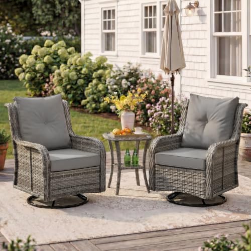 Wumiokio Patio Furniture Sets, 3 Pieces Wicker Outdoor Furniture - 360 Degree Swivel Rocking Chairs and Rattan Side Table for Garden,Porch,Backyard (Grey Wicker/Grey Cushion, 3PCS - Swivel Chairs) - Image 2