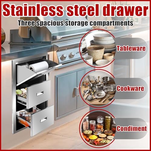 Outdoor Kitchen Triple Drawers 17'' W x 30'' H x 21'' D Stainless Steel BBQ Island Drawers with Handle Enclosed Built-in Flush Mount Drawer for Outdoor Kitchen Island Patio Grill Station - Image 5