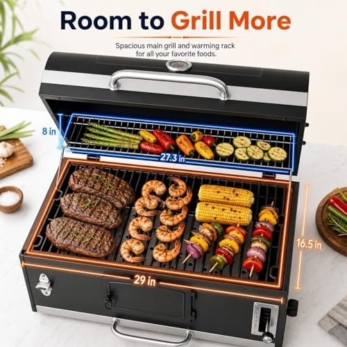 30in Built in Charcoal Grill for Outdoor Kitchen Island, Heavy Duty Large Barbecue Grills with Liftable Tray, Insulated Hood & Temp Gauge Drop-in BBQ Barrel Grill for Family Parties Patio Cooking - Image 3