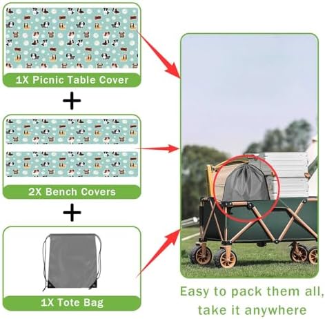 Cute Dog Picnic Table Cover with Bench Covers Camping Essentials Waterproof Windproof Funny Animal Daisy Flower Table Cover Fitted Tablecloth Cover with Elastic Edge for Outdoor 3 PCS 30x96 Inch - Image 6