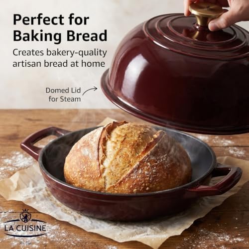 La Cuisine Enameled Cast Iron Round Bread Dutch Oven for Sourdough Crusty Bread & High‑Heat Baking. Oven-Safe 550°F/287°C, Internal Matte Black Enamel Coating, 5 QT, Cranberry - Image 2