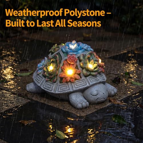Solar Turtle Garden Decor Outdoor Statue, 7 Succulent LED Lights - Image 5
