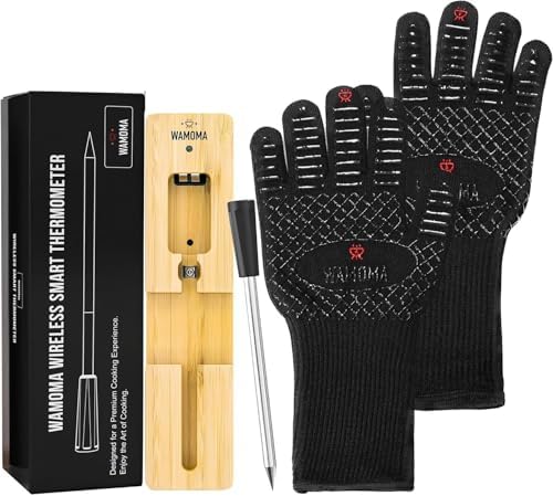 Meat Thermometer + BBQ Gloves - Grill Master Kit with Smart Wireless Cooking Thermometer & Extra Long Heat-Resistant BBQ Gloves for Kitchen, Grilling, Oven Baking, Meat Smoking by Wamoma