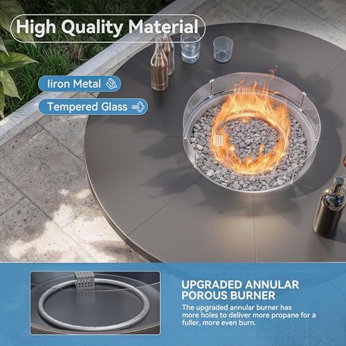 5 Pcs Metal Outdoor Patio Furniture Set with 48"/55000 BTU Outdoor Round Propane Fire Pit Table,Patio Conversation Sets 4 Fixed Chairs No-Slip Cushions and Waterproof Covers,Sand - Image 5