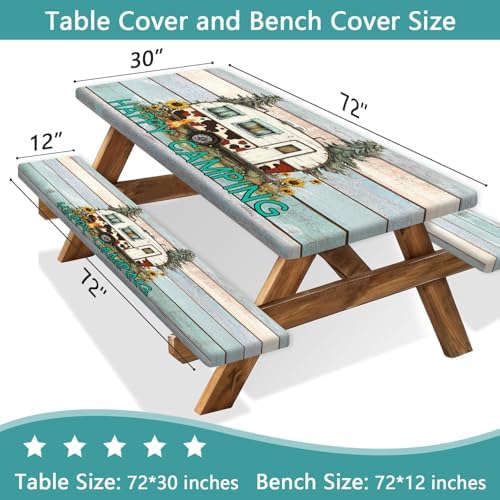Flowers Picnic Table Cover with Bench Covers and Bag, Camping Essentials, Green Camper Wooden Grain Waterproof, Fitted Tablecloth Cover with Elastic Edge, Outdoor Table Covers, 3 PCS, 30x72 Inch - Image 2