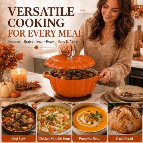 Pumpkin Dutch Oven, 4 qt Enameled Cast Iron Cooking Pot with Lid - Image 4
